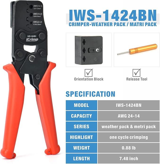 iCrimp Weather Pack Crimp Tool for AWG 24-14 Crimping Delphi APTIV Weather Pack Terminals or Metri-Pack Connectors- Crimp Terminals and Seal In ONE Cycle with Locator & Removal Extraction Tool