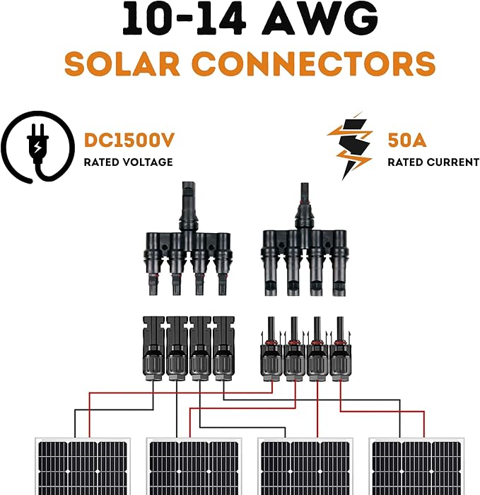 XYRIS Solar Connectors T Branch 1 to 4 for Solar Panels, Solar String Splitter/Joiner (M/FFFF+F/MMMM 1 Pair)