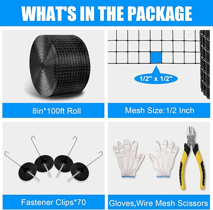 4in X 100ft Solar Panel Bird Guard - 1/2" Black PVC Mesh Galvanized Rust-Resistant Net, Critter Guard for Solar Panels with 70 Fastener Clips, Gloves, Cutting Pliers