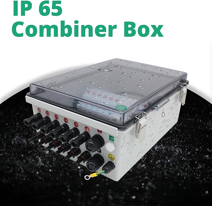 6 String Solar Combiner Box, IP65 Waterproof DC Combiner Box, Equipped with Circuit Breaker, Lightning Arrester and 15A Rated Current Fuse(Transparent, with Lock)