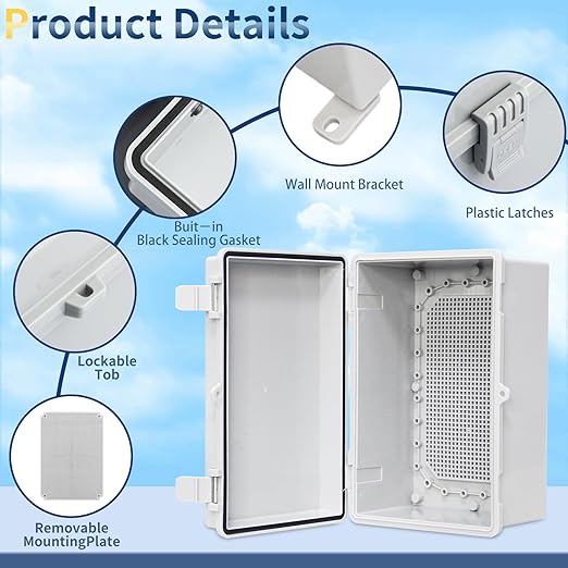 Waterproof Outdoor Junction Box ABS Plastic Electrical Enclosure Hinged Cover Electric Box with Mounting Plate for LED Lights, Solar Panels, and Surveillance Cameras(11.4"x7.4"x5.5")