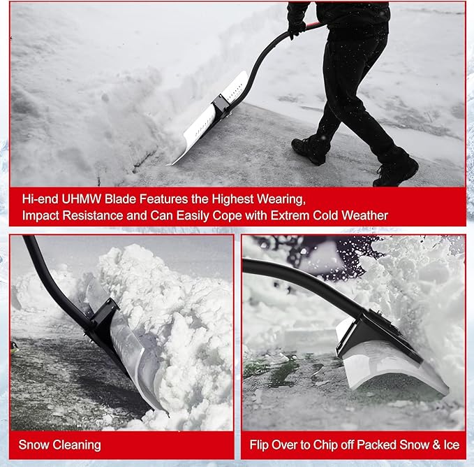 36 Inch Heavy Duty Snow Pusher, Extra Wide Snow Shovel for Driveway, Sidewalk, Patio, Deck & Doorway Snow Removal, Ergonomic Back Saver Snow Plow with UHMW-PE Blade, Non-Slip Grip Handle