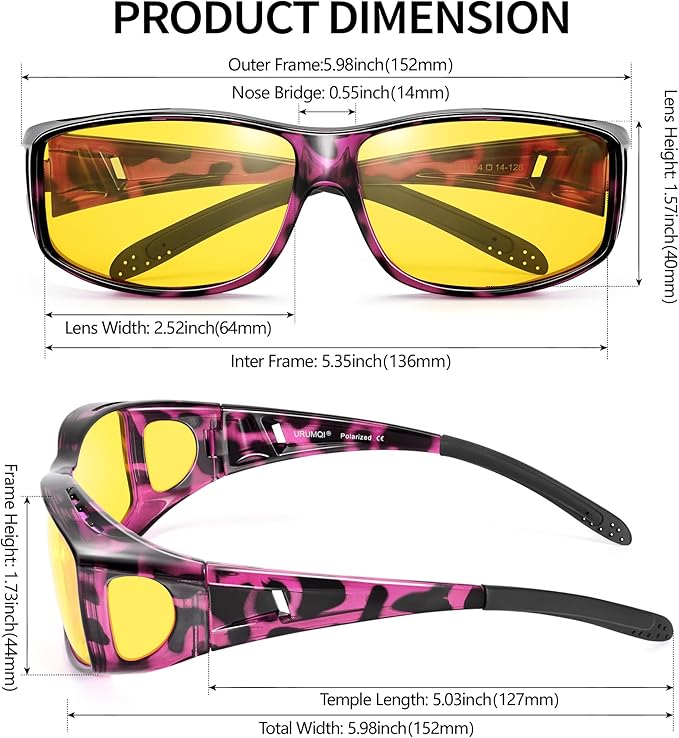 URUMQI Night Vision Driving Glasses Fit Over Eyeglasses for Men Women, Anti Glare Polarized Nighttime Glasses Yellow Lens