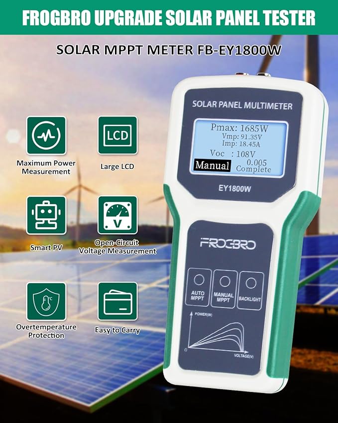 FrogBro 1800W Solar Panel Tester Photovoltaic Multimeter, Troubleshooting Tool with Smart MPPT Display, Upgraded Measuring Range (5~1800W, 20~120V, 0~60A) for Solar PV Panel Testing and Data Analysis
