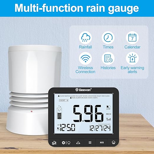Geevon Digital Rain Gauge Outdoor, Self-Emptying Rain Collector with Alerts, Low Battery Warning Icon, Rainfall History and Current Date and Time, Suitable for Gardens, Farmland and Other Scenes
