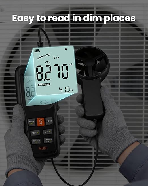 5-in-1 Split Anemometer for Wind Flow, Speed, Temp, Level, Windchill, YOWEXA Air Flow Meter with Big Backlit Screen, Wind Meter Supports Data Storage, Tripod Socket for HVAC Drone Sailing Hunting