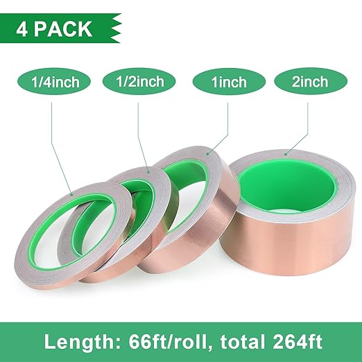 BOMEI PACK Copper Tape 4 Pack (1.97mil x 2inch, 1inch, 1/2inch, 1/4inch x 66ft) with Conductive Adhesive for Guitars and Shielding, Slugs,Stained Glass, Electrical Repairs, Grounding