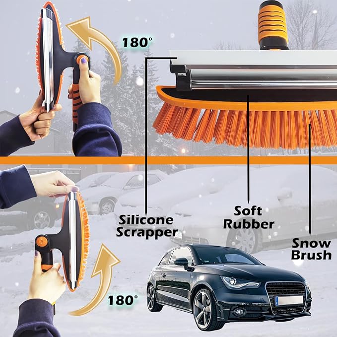 45'' Extendable Ice Brush and Ice Scraper 40'' Car Snow Shovel Snow Removal Tools 5 in 1 Foam Grip Snow Brush with Squeegee 180° Pivoting Brush Head for Cars Windshield,Vehicle,Trucks,SUVs