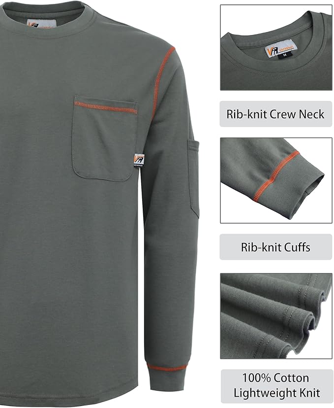 VATRENUS FR Shirts Crewneck 5.5oz Lightweight Flame Resistant 100% Cotton Men's Pre-Washed Fire Retardant Workwear