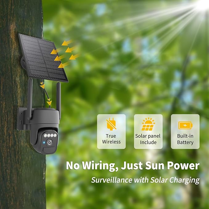 Solar Camera Outdoor Wireless, Wi-Fi Security Cameras for Home, 360° View, Two-Way Talk, Auto Tracking, Light Alarm, Color Night Vision