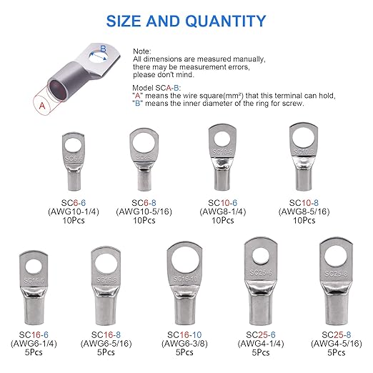 Glarks 65Pcs Assorted Heavy Duty Wire Lugs Battery Cable Tinned Copper Eyelets Tubular SC Ring Terminals Connectors with Spy Hole Assortment Kit