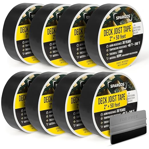 Deck Joist Tape for Decking, 2 inch x 50 Feet Roll, 8-Pack – Self-Adhesive Butyl Waterproof Flashing Tape, Protects Deck Beams from Rot and Decay, Easy-to-Apply