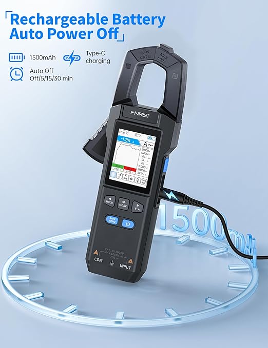 FNIRSI DMC-100 Digital Clamp Meter Multimeter 9999 Counts TRMS, 600A Curve Recording Rechargeable Amp Meter, Measures NCV, AC/DC Voltage Current, Continuity Capacitance Diode Resistance, Temperature