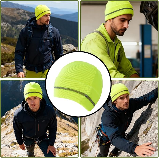Sucrain 2 PCS Reflective Knit Hat Adult Safety Beanies Hats Warm Winter Knit Caps with Reflective Stripes for Outdoor Work