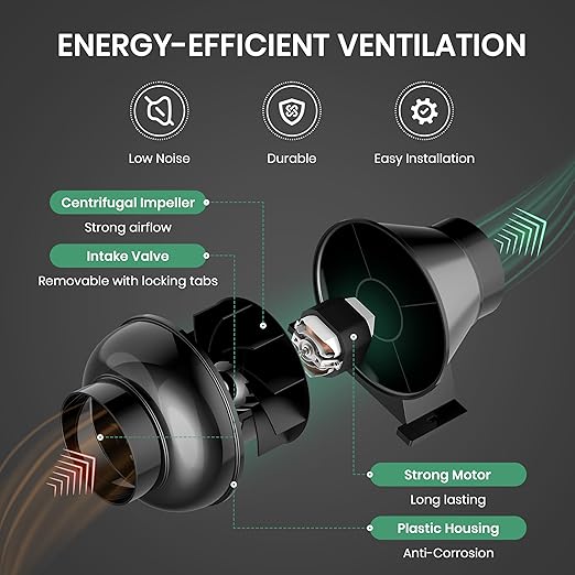 InfiniPower 4 Inch 195 CFM Inline Ventilation Variable Fan Speed Controller, Air Circulation Vent Blower for Grow Tent, Greenhouse, Kitchen, Basement, Black