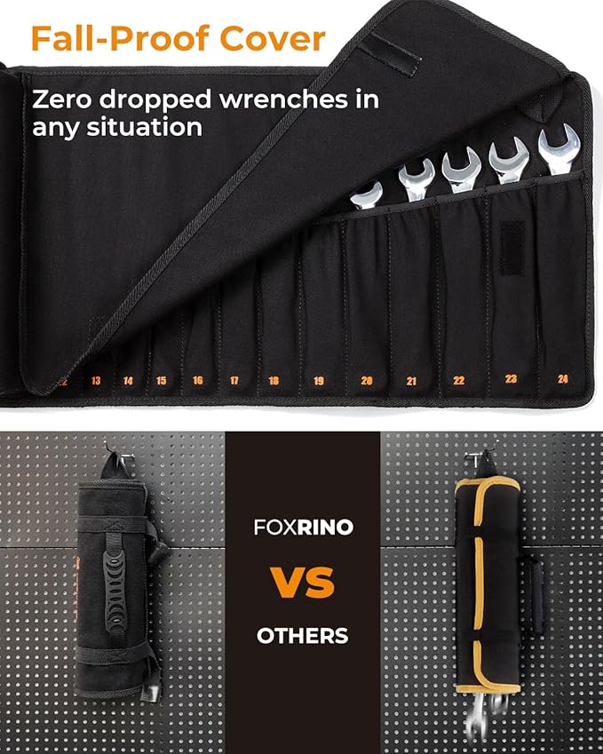 Wrench Roll, Wrench Roll Up Pouch, 19-Pocket Heavy Duty Canvas Wrench Organizer Bag for Metric Combination Wrenches, Portable Tool Roll Bag, Gifts for Men for Christmas(Black, 19+1 Metric)