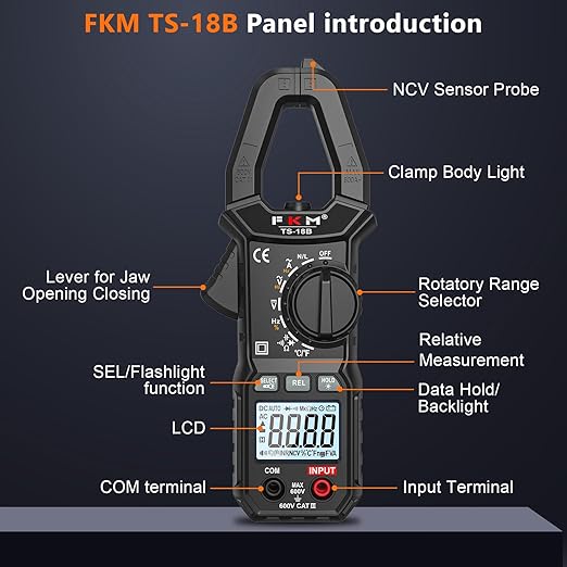FKM Clamp Meter,TRMS 6000 Counts Digital Clamp Multimeter Voltage Tester,Auto-ranging 600 Amp Volt Meter,for AC/DC Voltage,AC Current,NCV,Capacitance,Resistance,Continuity,Hz/Duty Cycle,Diode,TempTest