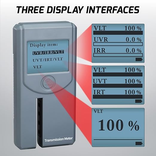 Digital Window Tint Meter Car Side Window Tint Tester, Sun Control Film Tint Reader Tool with Auto Display Rotation & Auto Calibration for VL/UV/IR Transmittance Rejection Detection, Tint Meter Gauge