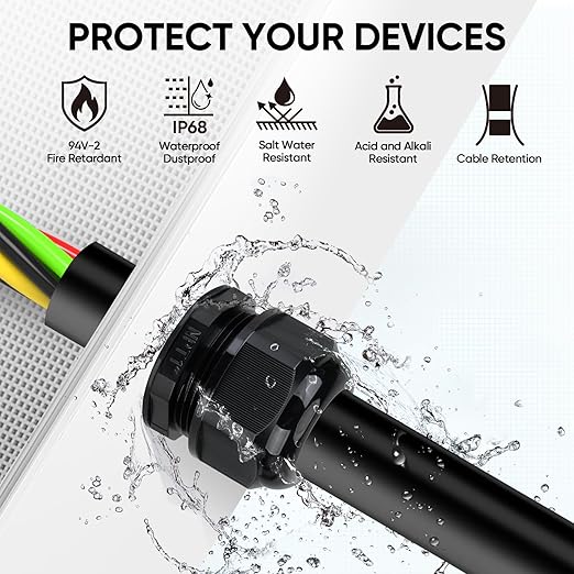 TICONN 52 Pcs IP68 Waterproof Cable Gland Kit Nylon NPT Adjustable Cable Connectors Assortment 1/4” 3/8” 1/2” 3/4” 1“ for Waterproof Junction Box Wire Pannel (Black, 52 Pcs)
