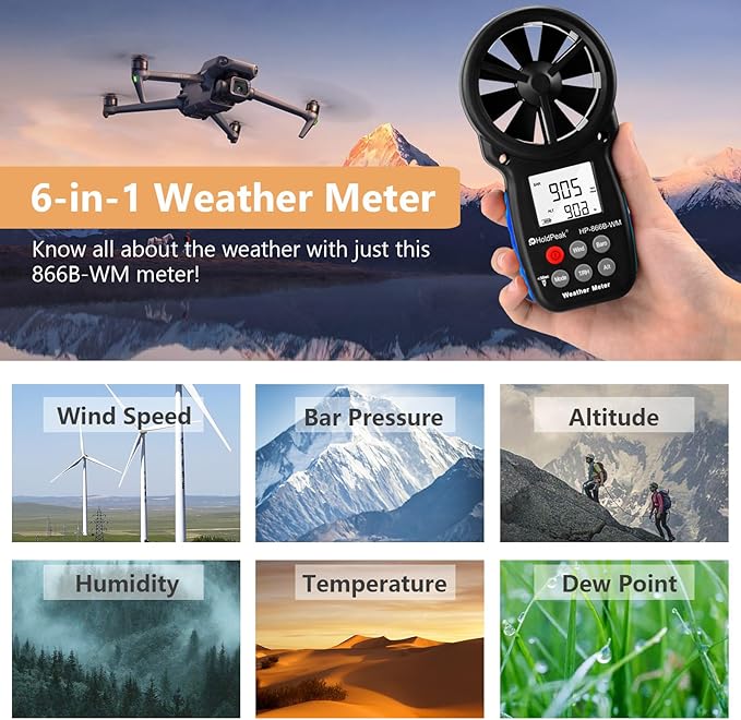 [2 PCS] HoldPeak Handheld Anemometer Barometer, Weather Meter for Wind Speed, Temperature, Humidity, Dew Point, Altitude, Barometric Pressure, Wind Chill Measuring, Digital Wind Guage 866B-WM