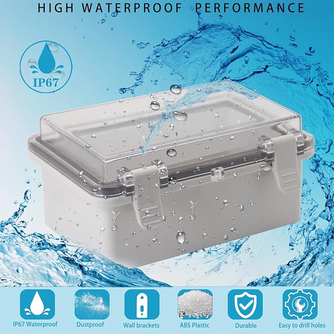 Waterproof Electrical Box Dustproof Junction Box Weatherproof IP67 ABS Plastic Enclosure Switch Router Project Box with Mounting Plate with Wall Bracket 2 Cable Glands Clear 5.9"x3.9"x2.8"