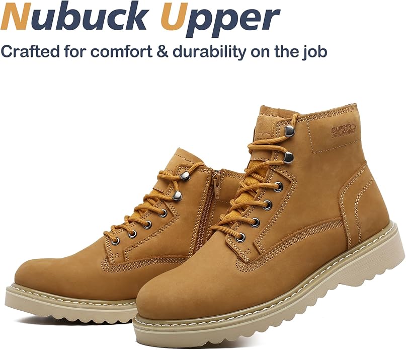 Side Zipper Soft Toe Work Boots for Men 6" with Welt Construction, Lightweight Utility Nubuck Leather Shoes, Featuring Speed Hooks, Slip & Water Resistant Mens Ankle Workboots