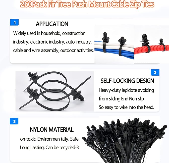 260Pcs Push Mount Cable Zip Tie,Nylon Self Locking Cable Strap,9 Most Popular Sizes,Heavy Duty Nylon Push Mount Self Locking UV Resistant Assortment For Indoor,Construction,Electronic and Auto