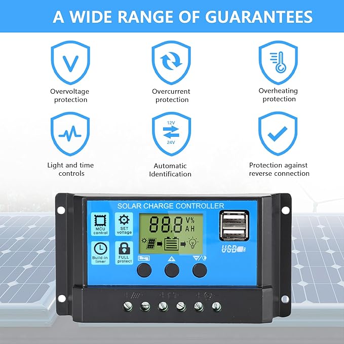 Anern 30A Solar Charge Controller, 12V/24V Dual USB Solar Panel Battery Intelligent Regulator with LCD Display, PWM Auto Parameter Adjustable, Timer Setting, Multiple Load Control Modes