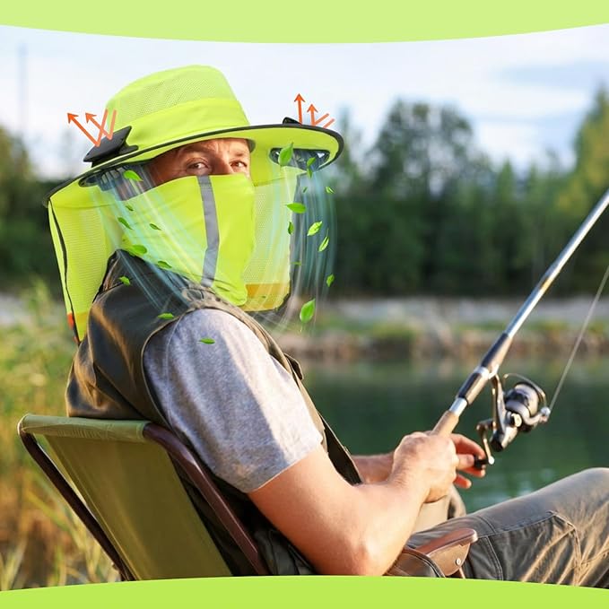 Solar Fan Hat for Men Women Sun Wide Brim Fishing Hat with Dual Power Ice Silk Neck Cover Reflective Design