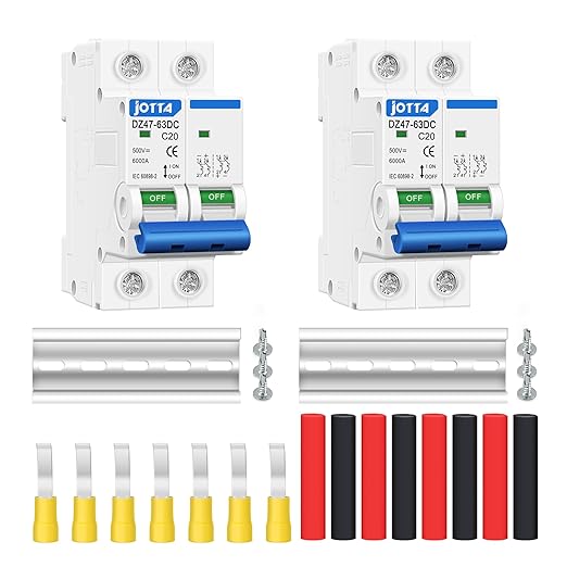 JOTTA Mini DC Circuit Breaker, 2 Pole 500V 20 Amp Isolator for Solar PV System, Thermal Magnetic Trip, DIN Rail Mount DZ47-20DC