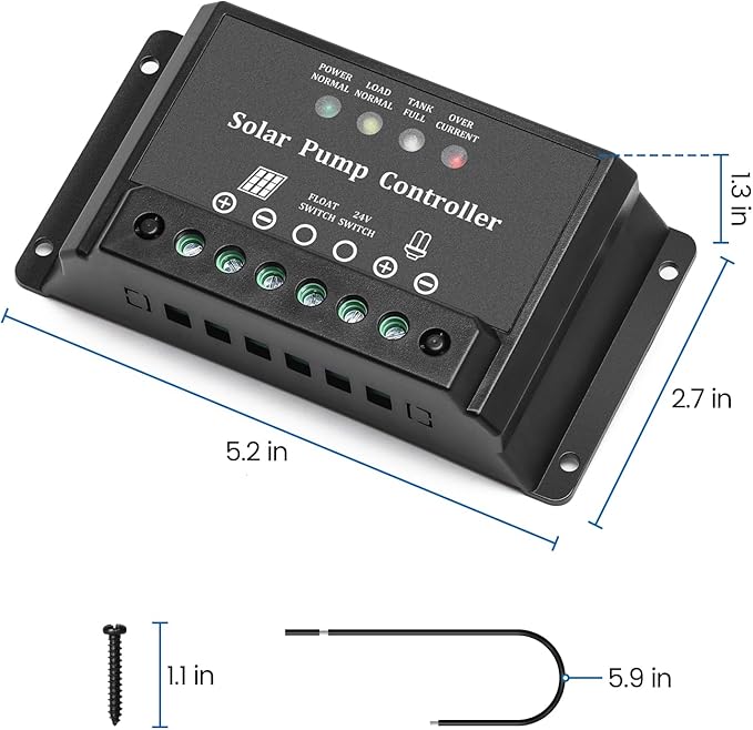 10A Solar Water Pump Controller, Zuomeng DC Pump Controller Compatible with 12V and 24V Systems, Featuring LED Display Light and Overcurrent/Overload Protection