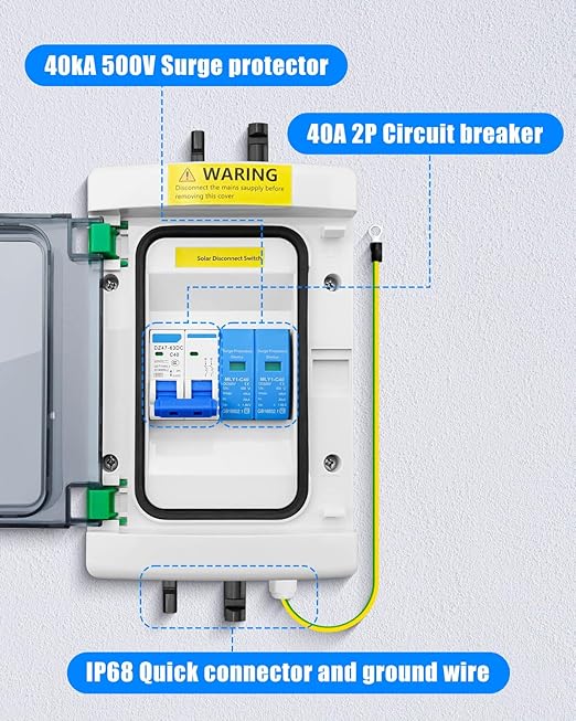 40A DC Solar Disconnect Switch – IP65 PV Circuit Breaker Box, 500V PV Disconnect Switch with Surge Protector & Solar Panel Connectors (Plug-and-Play)