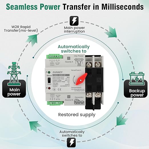 Automatic/Manual Transfer Switch 100Amp 110v 2POLE, Mini ATS AC 110V 50/60HZ, W2R Solar Auto Dual Power Transfer Switch for Home Generator, DIN Rail Mounted Controller, RV,Public/Backup Power