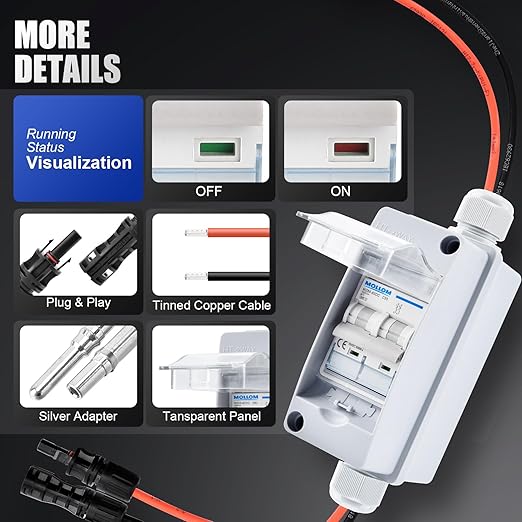 Mollom Solar Panel Disconnect Switch 400V 60Amp IP65 Breaker Box with 2P DC Miniature Circuit Breaker for PV Home Outdoor Battery