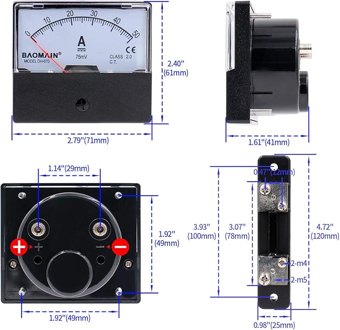 BAOMAIN DH-670 DC 0-50A Analog Amp Panel Meter Current Ammeter with 50A 75mV Shunt Resistor, Class 2.0 Accuracy, Mechanical Pointer Gauge for Battery Charging & Solar Systems