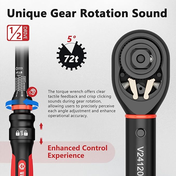 VANPO Torque Wrench 1/2-Inch Drive, 10-170.0ft.lb/13.60-230.5Nm,72 Tooth, TRP+ABS Plastic Handle, Click Torque Wrench with 1/2" to 3/8" Adapter & 125mm Extension Bar for Moto, Automotive Maintenance