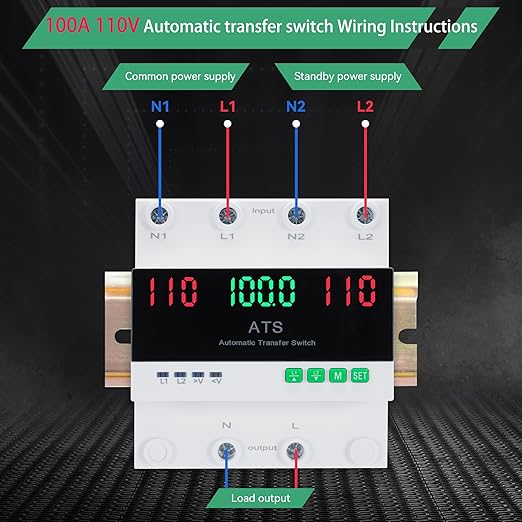 100amp AC110V Automatic Transfer Switch with LED Display, 50/60Hz 2P ATS Auto Dual Power Outdoor Changeover Switch for Home Generator,L1 Priority Din Rail Mount CE Certified Selector Transfer Switches
