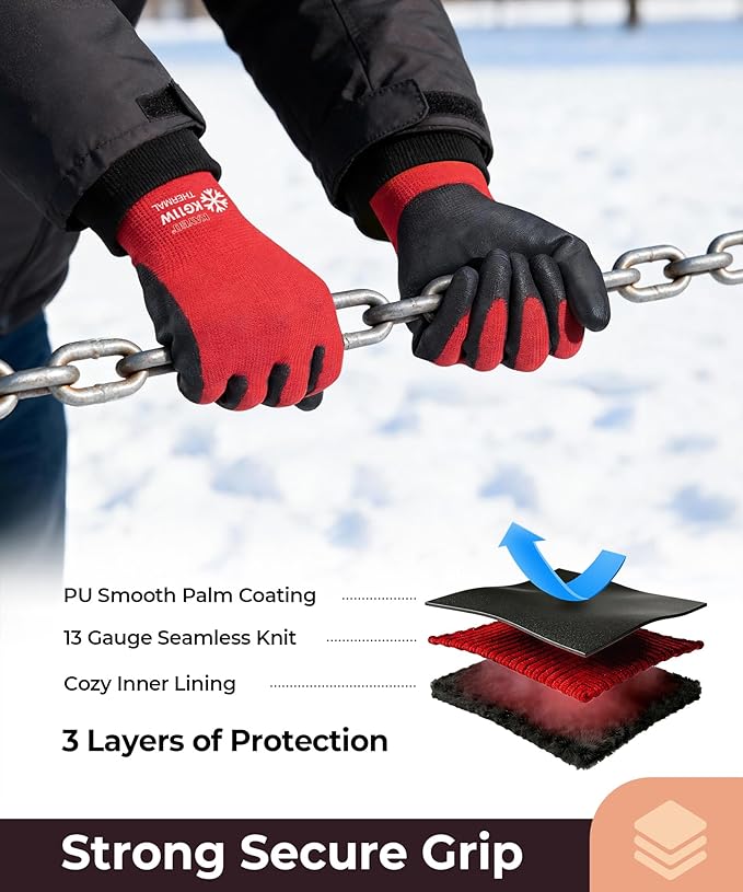 KAYGO 12 Pairs Winter Work Gloves for Men and Women, Thermal Insulated Safety Work Gloves PU Coated, Super Grip,Ideal for Freezer Work,Red,XL