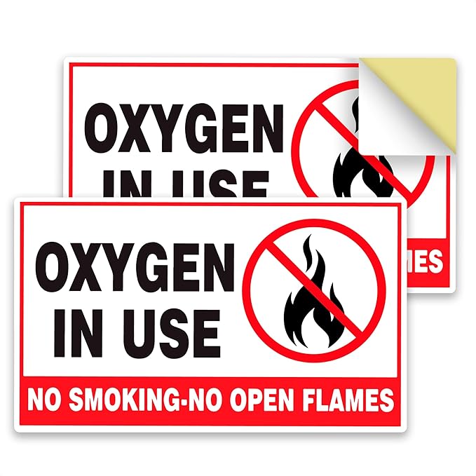 2Pcs Oxygen in Use Sign Self Adhesive Vinyl - No Smoking Area Oxygen 4 Mil Vinyl Decal Indoor Outdoor Office - 3" X 5" No Open Flame Sticker No Smoking Sign Sticker