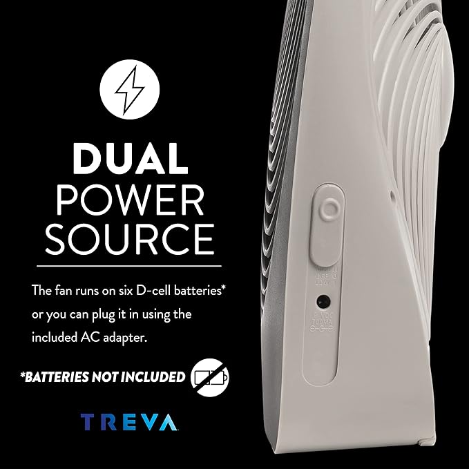 Treva 10-Inch Portable Desk Battery Fan, Powered by Battery and/or AC Adapter - Air Circulating with 2 Cooling Speeds, With Built In USB Charging Port