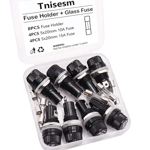 Tnisesm 8 Pcs Panel Mounted 5x20mm Screw Cap Fuse Holder Socket AC 250V 10A/AC 125V 15A Black with 8 Pcs Glass Tube Fuse(10A+15A)