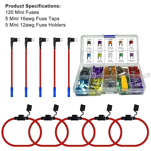 MuHize Mini Inline Fuse Holder 5 Pack, 12AWG Fuses Holders, Automotive Add-a-Circuit Fuse Taps with 120 Pack Fuses(2A/3A/5A/7.5A/10A/15A/20A/25A/30A/35A) for Car RV Camper