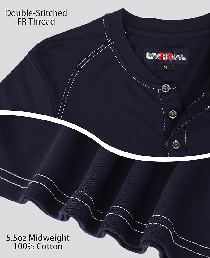 BOCOMAL Men's FR Henley Shirt Flame Resistant 5.5oz Cotton Long Sleeve Workwear UL NFPA2112 CAT2 Welding Tee