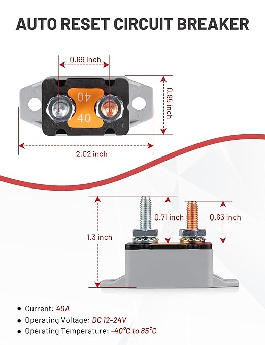 RED WOLF 40Amp Automatic Reset Circuit Breaker with Cover, DC 12V-24V Nylon Insulated & Anti-Rust Stud Type for Automotive Truck Camper RVs Solar Battery Chargers 4pcs