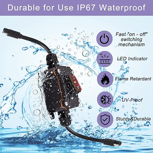 Inline 12V Power Switch SAE Connector IP67 Waterproof, SAE Plug with ON/Off Switch Quick Connect Disconnect Snap, 14AWG Heavy Duty Inline Switch for Solar Panel, Motorcycle, RV, Camp Trailer