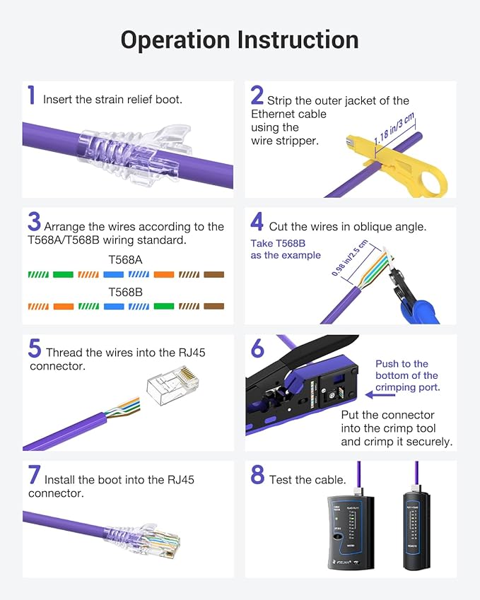 VCELINK RJ45 Crimp Tool Kit for CAT7/6A/6/5E/5, Upgraded Network Tool Set with an Ethernet Crimper, 25 RJ45 Connectors & Boots, Cable Tester, and Wire Stripper (no Cloth Bag Include, Blue Crimper)