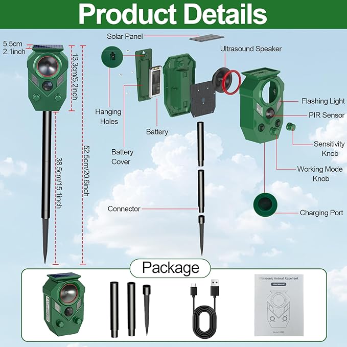 Ultrasonic Animal Repeller Outdoor - Cat Repellent & Deterrent with PIR Sensor & Flashing Light,Solar Powered Deer Repellent for Squirrels, Raccoons, Skunks,Rabbits,and Dogs, IP65 Waterproof （2 Pack）