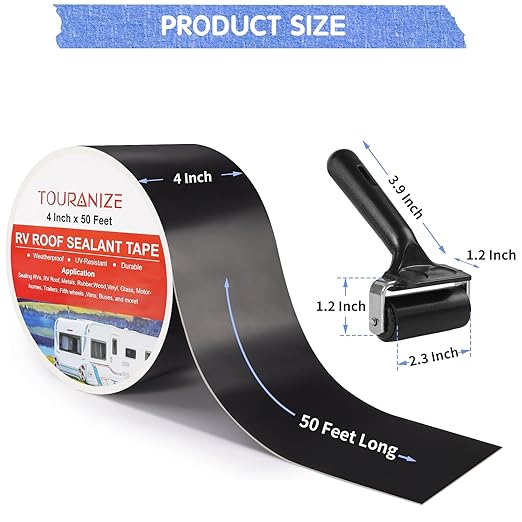 Butyl Sealant Tape with Rubber Roller, 4 Inch x 50 Feet RV Roof Tape for Camper Roof Repair, Boat Sealing, Trailer Roofing Seam Leaks, UV Resistant, Waterproof, Black