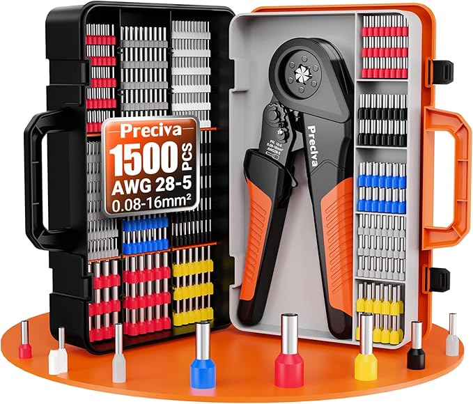 Preciva Ferrule Crimping Tool Kit with 1500PCS Wire Connectors, Hexagonal Crimping Pliers for AWG 28-5 Crimper Adjustable Ratcheting Wire Crimping Tool