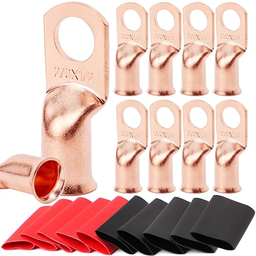 TKDMR 10pcs 2/0 AWG-1/2 Battery Lugs,Heavy Duty Wire Lugs,Ring Terminals,Battery Cable Ends,0 Guage terminals,Battery Terminal Connectors with 10pcs 3:1 Heat Shrink Tubing